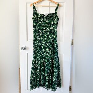 Nine West Green Floral Print Mesh Lettuce Hem Midi Dress Fairy Y2K Size M